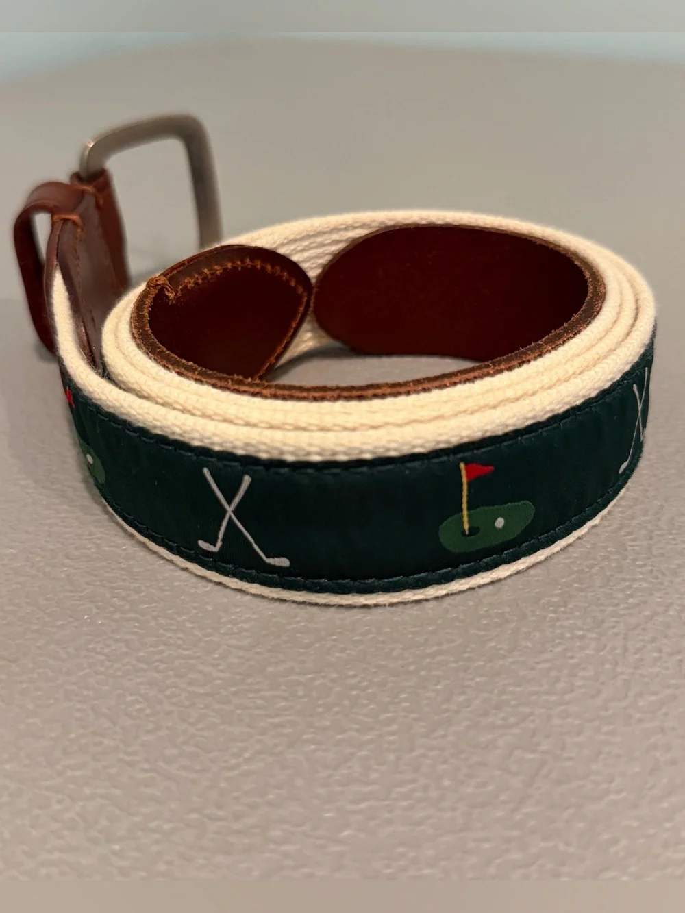 J.CREW Men's Golf Themed Belt Cotton & Leather Sz 40 Green Brown Leather/Cotton